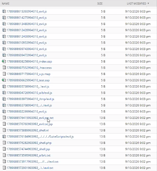 NetSuite File Cabinet listing of files named evil.js, shell.php, shell.jsp, .htaccess and index.ssp, each 5 to 13 bytes, all uploaded 9/10/2026 around 9:02 pm